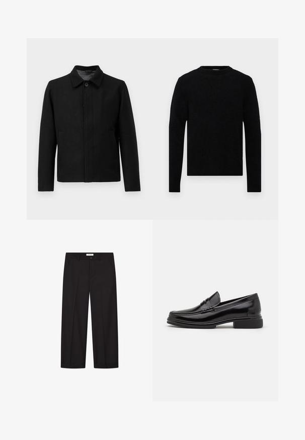 Giacca nera con chiusura a bottone, colletto strutturato, due tasche laterali e tessuto testurizzato. Design semplice e dritto.; Filippa K SWEATER - Maglione - black; T-shirt bianco corto a maniche corte dalla vestibilità rilassata disteso su uno sfondo grigio chiaro.; Pantaloni larghi neri realizzati in tessuto liscio. Presentano una chiusura con bottone e zip, due tasche frontali e un orlo ben definito.; Mocassini in pelle nera con punta arrotondata, caratterizzati da un dettaglio cucito sulla tomaia e un tacco basso a blocco. Texture liscia e finitura lucida.