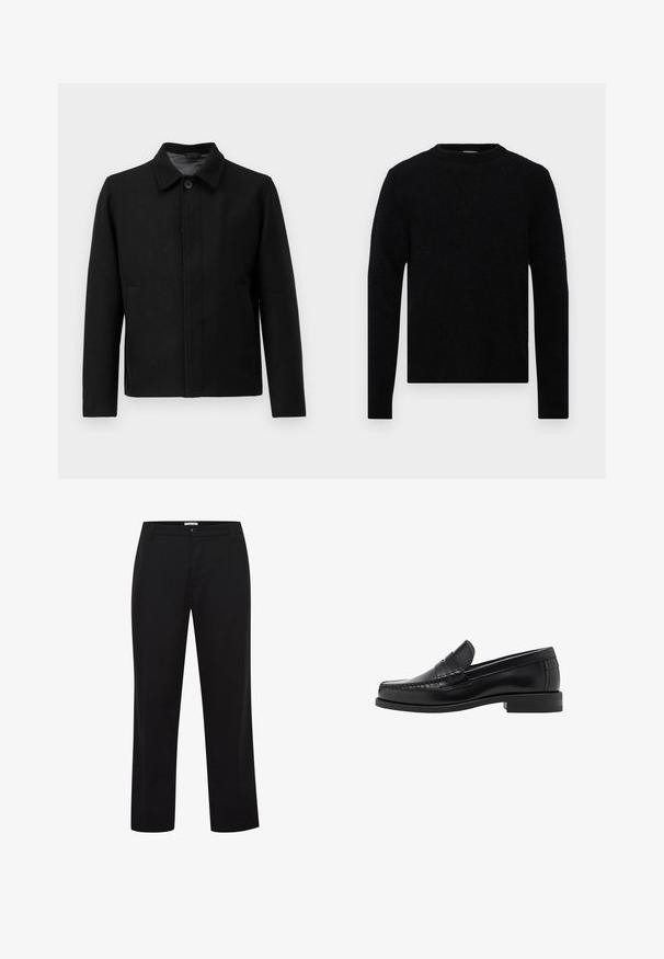 Schwarze Jacke mit Knopfverschluss, strukturiertem Kragen, zwei seitlichen Taschen und strukturiertem Stoff. Schlichtes, gerades Design.; Filippa K SWEATER - Strickpullover - black; Ein schlichter, weißer, kurzärmeliger T-Shirt im lässigen Schnitt liegt flach auf einem hellgrauen Hintergrund.; Schwarze Hose mit geradem Bein, gefertigt aus glattem Stoff, mit Knopfverschluss und Gürtelschlaufen. Keine sichtbaren Muster oder Akzente.; Schwarze Lederloafer mit glatter Oberfläche, genähten Details an der Zehe und einem flachen Absatzdesign für Komfort und Stil.