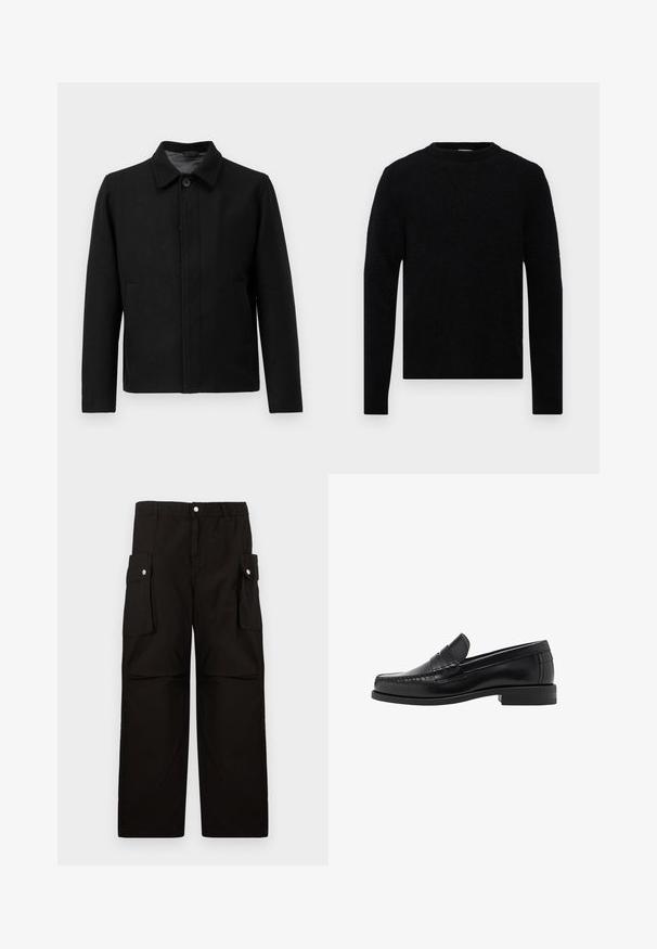 Črna jakna z gumbom, strukturiranim ovratnikom, dvema stranskima žepoma in teksturirano tkanino. Preprost, ravno krojen dizajn.; Filippa K SWEATER - Pulover - black; Ravna bela kratka majica s kratkimi rokavi in ohlapnim krojem, položena na svetlo sivi podlagi.; Črne cargo hlače iz mehkega blaga, z elastičnim pasom, stranskimi žepi s poklopci in ohlapnim, ravnim krojem.; Črne usnjene loafer čevlje z gladko površino, šivani detajli na prstu in nizka peta za udobje in stil.