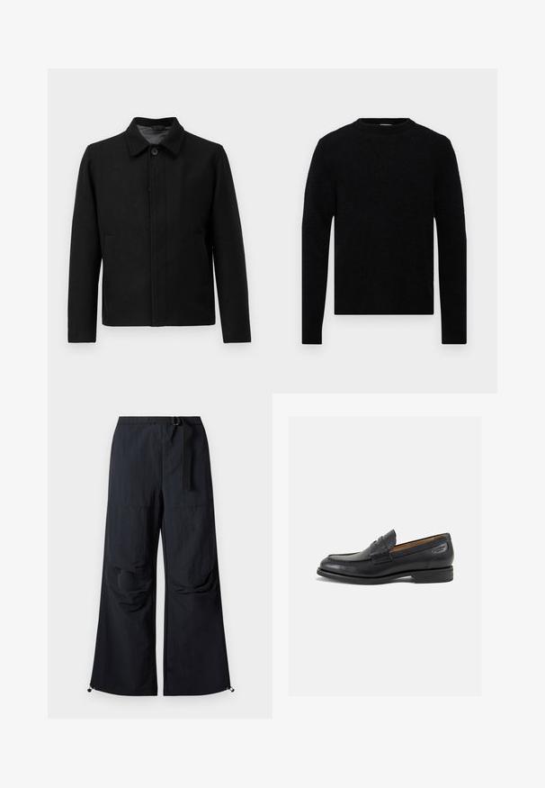 Črna jakna z gumbom, strukturiranim ovratnikom, dvema stranskima žepoma in teksturirano tkanino. Preprost, ravno krojen dizajn.; Filippa K SWEATER - Pulover - black; Ravna bela kratka majica s kratkimi rokavi in ohlapnim krojem, položena na svetlo sivi podlagi.; Črne široke hlače iz lahkega materiala, ki imajo pas na pasu, sprednje žepke in nastavljive robove s toggli.; Črne usnjene loafers cipele z gladko površino, zaobljenim nosom in dekorativnim šivom na vampu. Nizek zloženi peti in rahla sijaj.