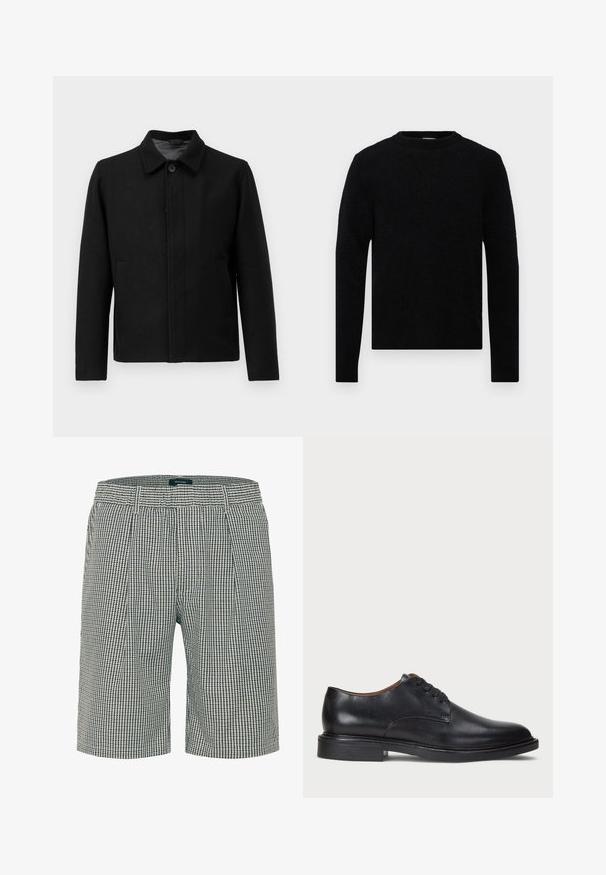 Veste noire avec une fermeture à boutons, col structuré, deux poches latérales et tissu texturé. Design simple et droit.; Filippa K SWEATER - Pullover - black; T-shirt blanc à manches courtes, à coupe décontractée, posé à plat sur un fond gris clair.; Shorts pour hommes ajustés dans un motif à carreaux bleu marine et crème. Présente un devant plat, deux poches latérales et une taille avec passants de ceinture.; Chaussure de ville en cuir noir avec un bout rond, un laçage et un petit talon empilé. Texture lisse avec des détails de couture minimaux.