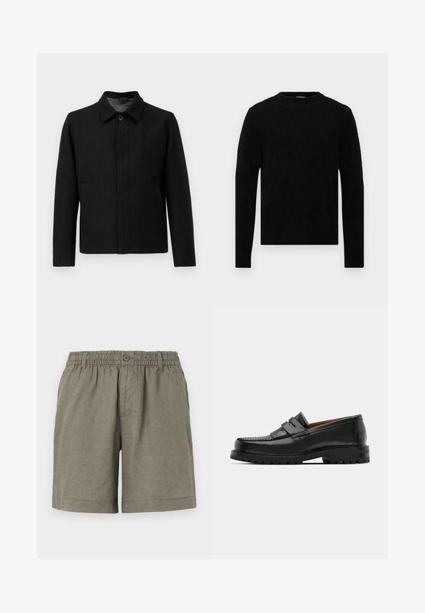 Black jacket with a button closure, structured collar, two side pockets, and textured fabric. Simple, straight-cut design.; Filippa K SWEATER - Jumper - black; White cotton t-shirt with a crew neck, short sleeves, and rolled cuffs; unadorned design, soft texture, and straight cut.; Khaki shorts in lightweight fabric with an elastic waistband and button closure. Features a straight leg design and rolled hem.; Black leather loafers feature a raised seam, two decorative straps on the upper, and a thick textured sole for added grip.