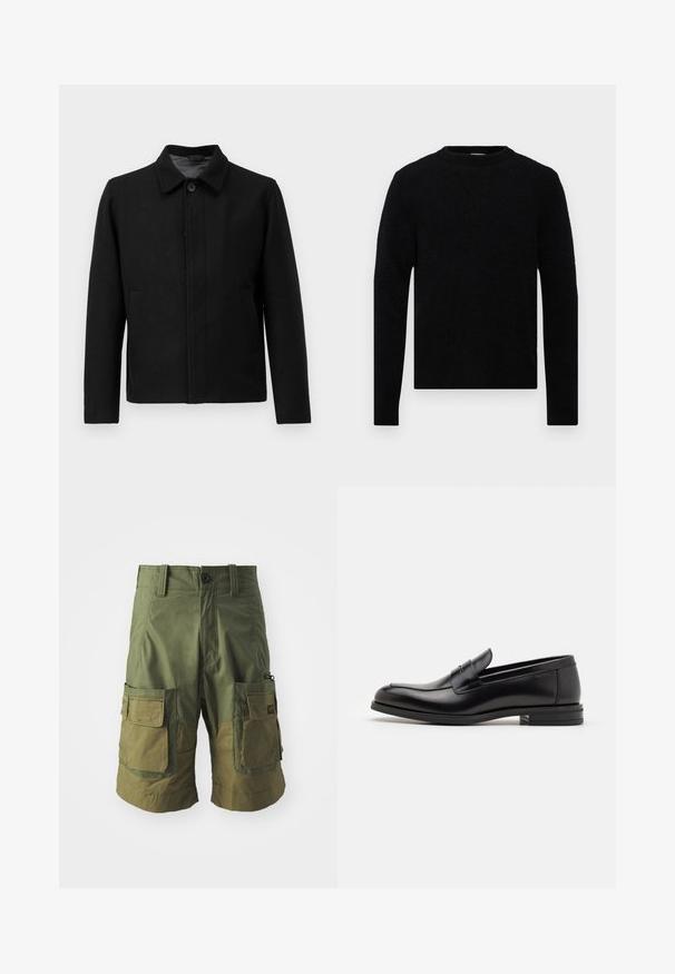 Jachetă neagră cu închidere prin buton, guler structurat, două buzunare laterale și țesătură texturată. Design simplu, cu croială dreaptă.; Filippa K SWEATER - Pulover - black; Tricou din bumbac alb, cu guler rotund, mâneci scurte și o croială lejeră. Prezintă o etichetă de marcă cu textul "WEEKDAY" pe guler.; G-STAR Pantaloni scurți - sage; Mocasini din piele neagră cu o textură netedă, vârf rotund și o curea decorativă peste partea superioară. Toc mic, design minimalist.