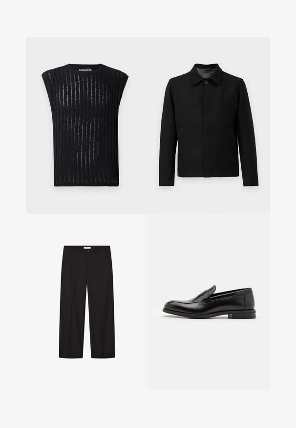 Black jacket with a button closure, structured collar, two side pockets, and textured fabric. Simple, straight-cut design.; Filippa K SWEATER - Jumper - black; Black short-sleeve top made of lightweight fabric with vertical stripes. Features a round neckline and a fitted silhouette.; Black wide-leg trousers made of smooth fabric. Features a button and zipper closure, two front pockets, and a crisp hem finish.; Black leather loafers with a smooth texture, rounded toe, and a decorative strap across the vamp. Low stacked heel, minimalist design.