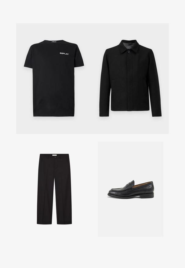 Černá bunda s knoflíkovým zapínáním, strukturovaným límcem, dvěma bočními kapsami a texturovanou tkaninou. Jednoduchý, rovný střih.; Filippa K SWEATER - Svetr - black; Černé bavlněné tričko s krátkými rukávy a kulatým výstřihem, s bílým logem "REPLAY" na levé části hrudi. Hladká textura.; Černé kalhoty se širokými nohavicemi vyrobené z hladkého materiálu. Mají zapínání na knoflík a zip, dvě přední kapsy a ostrý lem.; Černé kožené mokasíny s hladkým povrchem, zaoblenou špičkou a dekorativním prošíváním na svršku. Nízký podpatka a mírný lesk.