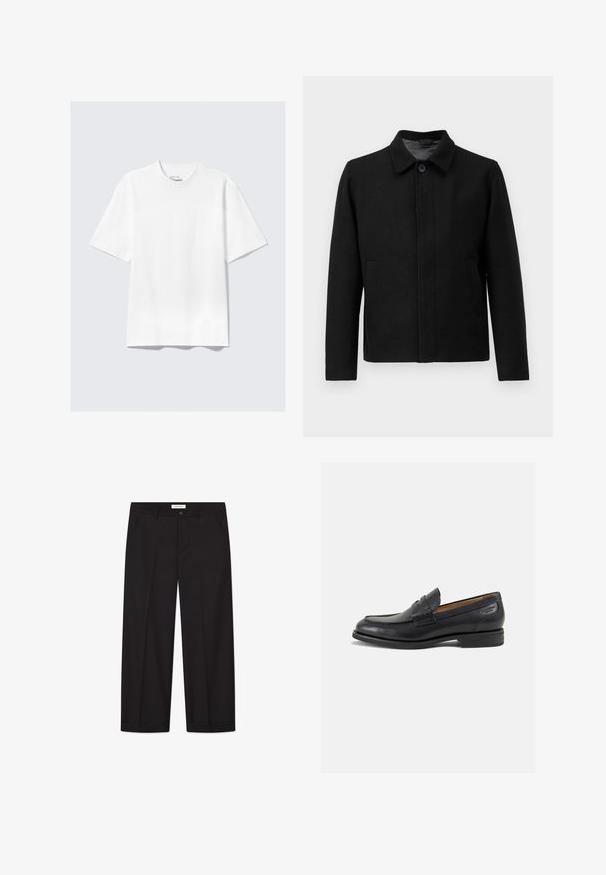 Giacca nera con chiusura a bottone, colletto strutturato, due tasche laterali e tessuto testurizzato. Design semplice e dritto.; Filippa K SWEATER - Maglione - black; T-shirt bianco corto a maniche corte dalla vestibilità rilassata disteso su uno sfondo grigio chiaro.; Pantaloni larghi neri realizzati in tessuto liscio. Presentano una chiusura con bottone e zip, due tasche frontali e un orlo ben definito.; Mocassini in pelle nera con finitura liscia, punta arrotondata e cuciture decorative sulla tomaia. Tacco basso impilato e leggero lucido.