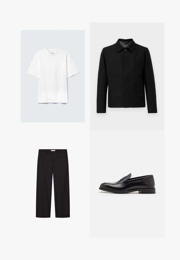 Black jacket with a button closure, structured collar, two side pockets, and textured fabric. Simple, straight-cut design.; Filippa K SWEATER - Jumper - black; Plain white short-sleeve relaxed-fit T-shirt laid flat on light gray background.; Black wide-leg trousers made of smooth fabric. Features a button and zipper closure, two front pockets, and a crisp hem finish.; Black leather loafers with a smooth texture, rounded toe, and a decorative strap across the vamp. Low stacked heel, minimalist design.