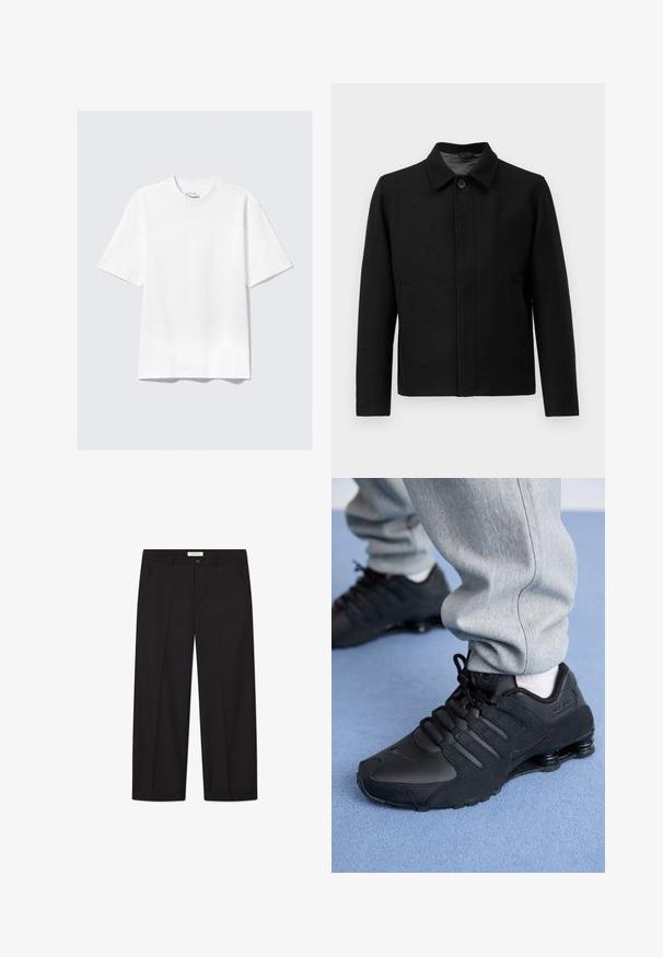 Sort jakke med knaplukning, struktureret krave, to sidelommer og tekstureret stof. Enkel, lige snit design.; Filippa K SWEATER - Striktrøje - black; Simpel hvid kortærmet t-shirt med afslappet pasform, lagt fladt på en lys grå baggrund.; Sorte bredde-ben bukser lavet af glat stof. Har en knap- og lynlåslukning, to forreste lommer og en skarp kant.; Person iført sorte Nike Shox sneakers og grå joggingbukser, der står på lyseblåt tæppe.