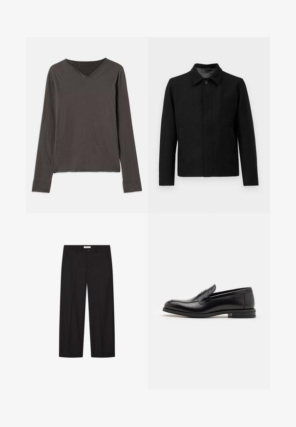 Jacket preta com fecho de botão, gola estruturada, dois bolsos laterais e tecido texturizado. Design simples, de corte reto.; Filippa K SWEATER - Camisola - black; Camisola de manga longa em cinza escuro, com decote em V e abertura com quatro botões. Tecido macio com um corte confortável e punhos cosidos.; Calças largas pretas feitas de tecido suave. Apresentam um fecho com botão e zipper, dois bolsos frontais e um acabamento de bainha nítido.; Mocassins de couro preto com uma textura suave, bico arredondado e uma faixa decorativa sobre o peito do pé. Salto baixo e empilhado, design minimalista.