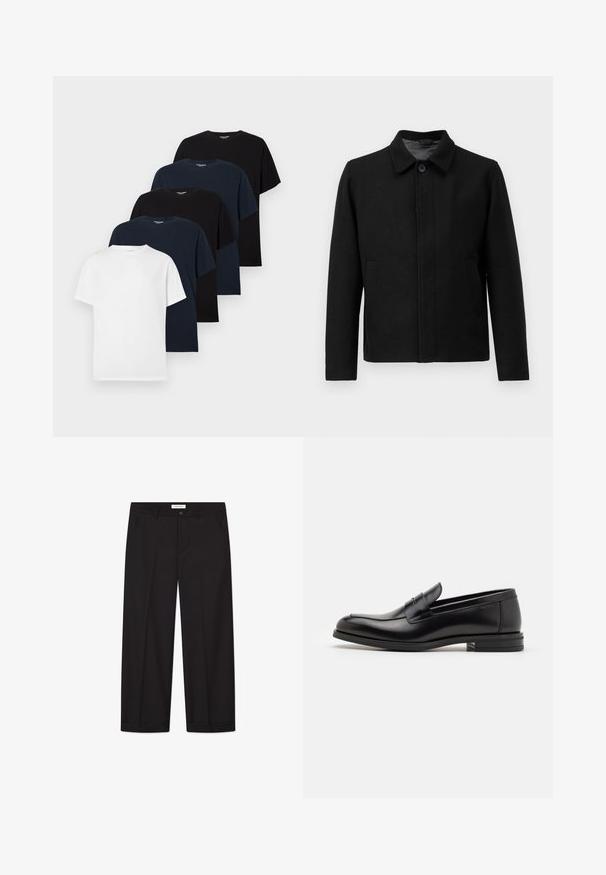 Črna jakna z gumbom, strukturiranim ovratnikom, dvema stranskima žepoma in teksturirano tkanino. Preprost, ravno krojen dizajn.; Filippa K SWEATER - Pulover - black; Pet kratke majice s kratkimi rokavi in ovratnikom v črni, mornarsko modri in beli barvi, postavljene v zamaknjeno kupico na beli podlagi.; Črne široke hlače iz gladkega blaga. Imajo gumb in zadrgo, dva sprednja žepa in eleganten zaključek robov.; Črne usnjene loafer čevlje z gladko teksturo, zaobljenim nosom in dekorativnim trakom čez zgornji del. Nizka zložena peta, minimalističen dizajn.