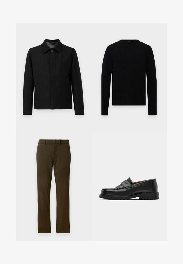 Jachetă neagră cu închidere prin buton, guler structurat, două buzunare laterale și țesătură texturată. Design simplu, cu croială dreaptă.; Filippa K SWEATER - Pulover - black; Pantaloni chino de culoare verde închis, cu o croială clasică, bucle pentru curea și închidere frontală cu nasture. Material neted, texturat, cu picioare drepte.; Mocasinii din piele neagră au o cusătură ridicată, două bare decorative pe partea superioară și o talpă groasă texturată pentru o aderență suplimentară.