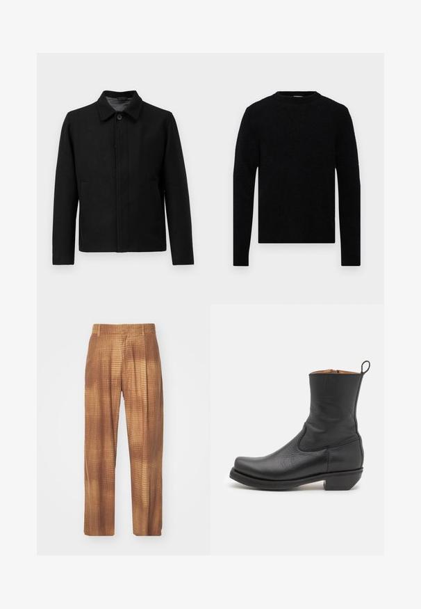 Schwarze Jacke mit Knopfverschluss, strukturiertem Kragen, zwei seitlichen Taschen und strukturiertem Stoff. Schlichtes, gerades Design.; Filippa K SWEATER - Strickpullover - black; Braune gemusterte Hosen mit einer strukturierten Oberfläche, die einen lockeren Schnitt und gerade Beine haben. Der Stoff hat ein dezentes Rautenmuster.; Schwarze Leder-Stiefelette mit glatter Oberfläche, schlankem Profil, seitlicher Naht und niedrigem, quadratischen Absatz. Verfügt über eine Zuglasche an der Rückseite.