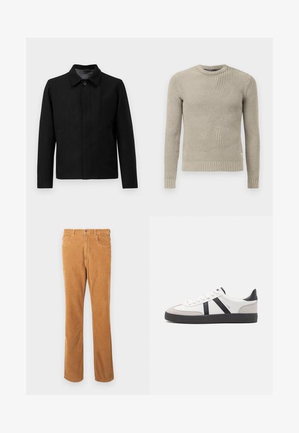 Juodas švarkas su mygtukų uždarymu, struktūrizuotu apykakle, dviem šoninėmis kišenėmis ir tekstūruota medžiaga. Paprastas, tiesus kirpimas.; Šviesiai rudas megztinis su ilgomis rankovėmis, įpjautais manžetais ir apačia, apvaliu kaklu, tekstūruotu raštu, pagamintas iš minkštos medžiagos.; Penki marškiniai su trumpomis rankovėmis ir apykakle, išdėstyti gradientine spalvų seka: smėlinė, alyvinė, ruda, tamsiai mėlyna ir juoda. Pagaminti iš minkštos medvilnės.; Šviesiai rudų kordūrinių kelnių klasikinis penkių kišenių dizainas ir sagos uždarymas, išdėstyti lygiai ant balto fono.; Balti sportbačiai su juodais ir pilkais akcentais, pasižymintys tekstūruotu pilku pirštų dangteliu, juoda gumine padais ir plokščiomis baltomis raišteliais. Švarus dizainas, minimalistinis stilius.