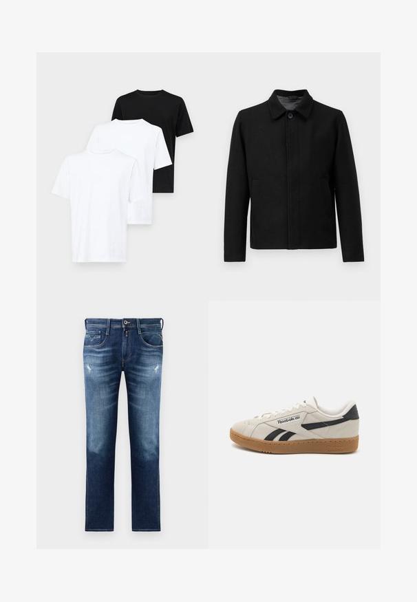 Schwarze Jacke mit Knopfverschluss, strukturiertem Kragen, zwei seitlichen Taschen und strukturiertem Stoff. Schlichtes, gerades Design.; Beige gestrickter Pullover mit langen Ärmeln, gerippten Bündchen und Saum, Rundhalsausschnitt, strukturiertem Muster, aus weichem Material hergestellt.; Drei kurzärmelige T-Shirts: zwei weiße und eines schwarze. Hergestellt aus Baumwolle, mit einem Rundhalsausschnitt und einem einfachen, klassischen Design.; Blaue Denim-Jeans mit regulärer Passform, ausgestattet mit einer verwaschenen Optik, leichten Gebrauchsspuren, fünf Taschen und Kontrastnähten. Knopfverschluss am Bund.; Reebok-Sneaker aus beigem Wildleder mit schwarzen Akzenten. Sie verfügen über eine Gummilaufsohle, traditionelle Schnürung und einen gepolsterten Kragen für Komfort.