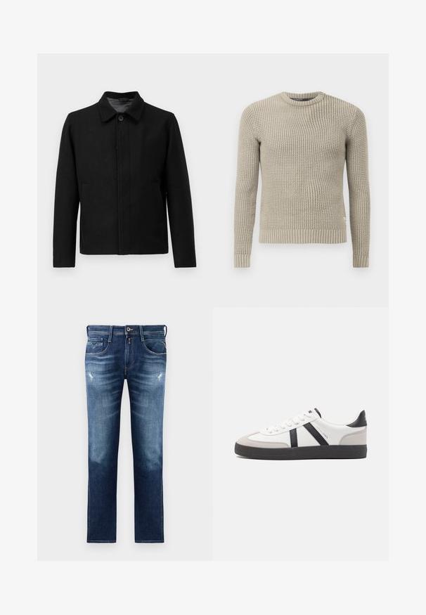 Črna jakna z gumbom, strukturiranim ovratnikom, dvema stranskima žepoma in teksturirano tkanino. Preprost, ravno krojen dizajn.; Bež pleteni pulover z dolgimi rokavi, rebrastim manšetnim in spodnjim robom, okroglim izrezom, teksturiranim vzorcem, izdelan iz mehkega materiala.; Modra denim hlače s regularno prileganjem, z obdelanim pranjem, lahkimi poškodbami, petimi žepi in kontrastnim šivanjem. Zapenjanje na gumb ob pasu.; Bela športna obutev z črnimi in sivo akcenti, z teksturirano sivo kapico za prste, črnim gumijastim podplatom in ravnimi belimi vezalkami. Čista zasnova, minimalistični slog.
