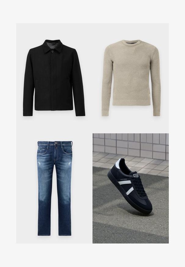 Črna jakna z gumbom, strukturiranim ovratnikom, dvema stranskima žepoma in teksturirano tkanino. Preprost, ravno krojen dizajn.; Bež pleteni pulover z dolgimi rokavi, rebrastim manšetnim in spodnjim robom, okroglim izrezom, teksturiranim vzorcem, izdelan iz mehkega materiala.; Modra denim hlače s regularno prileganjem, z obdelanim pranjem, lahkimi poškodbami, petimi žepi in kontrastnim šivanjem. Zapenjanje na gumb ob pasu.; Črne usnjene superge z belimi črtami, teksturiran gumijast podplat in zavezovanje spredaj. Imajo označeno oznako na ježku.
