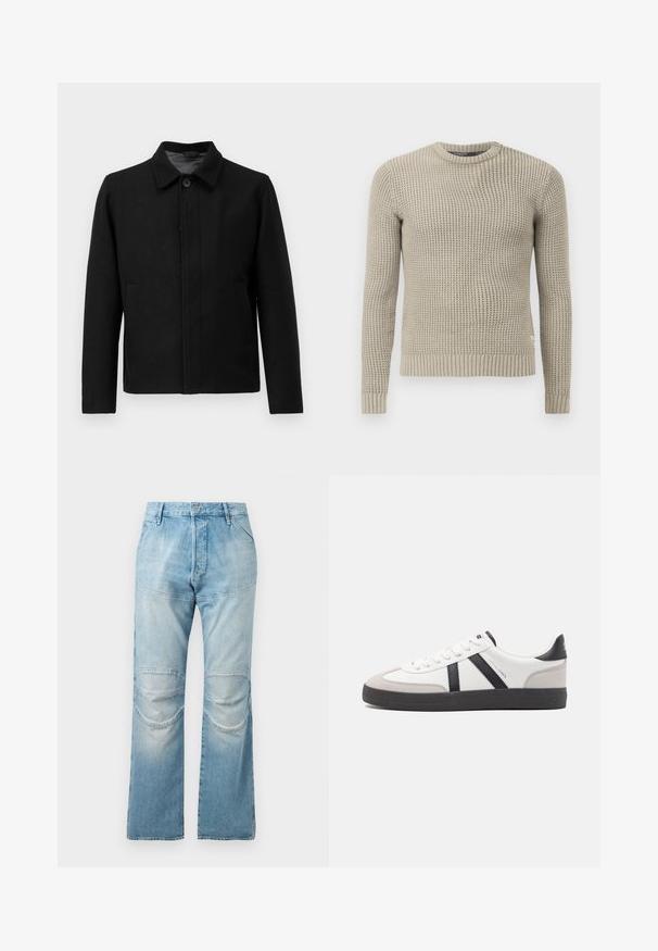 Melnā jaka ar pogu aizdari, strukturētu apkakli, divām sānu kabatām un teksturētu audumu. Vienkāršs, taisni griezuma dizains.; Bežs adīts džemperis ar garām piedurknēm, ribota aproce un apakšmalā, apaļa kakla izgriezums, teksturēta raksts, izgatavots no mīksta materiāla.; Gaiši zilas, augsta jostasvieta džinsi ar taisnu griezumu, ar ceļgala tamponēm un izbalējušu tekstūru. Metāla pogas aizdare jostasvietā.; Baltas sneakeris ar melniem un pelēkiem akcentiem, kuram ir teksturēts pelēks purngals, melna gumijas zole un plakanas baltas šņores. Tīrs dizains, minimālisma stils.
