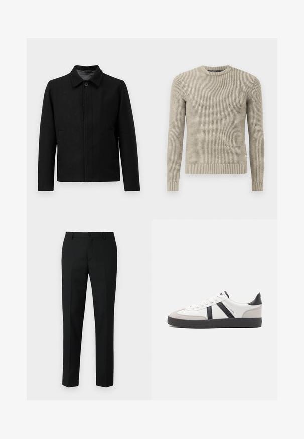 Crna jakna s zatvaranjem na gumb, strukturiranim ovratnikom, dva bočna džepa i teksturiranom tkaninom. Jednostavan, ravno rezan dizajn.; Bež pleteni džemper s dugim rukavima, rebrastim manžetama i rubom, okruglim izrezom, teksturiranim uzorkom, izrađen od mekanog materijala.; Crne krojene hlače od glatke tkanine, s urednim pojasom, prednjim džepovima i uskim ravnim nogavicama.; Bijele tenisice s crnim i sivim detaljima, s teksturiranim sivim zaštitnikom prstiju, crnim gumene potplate i ravnim bijelim vezicama. Čist dizajn, minimalistički stil.