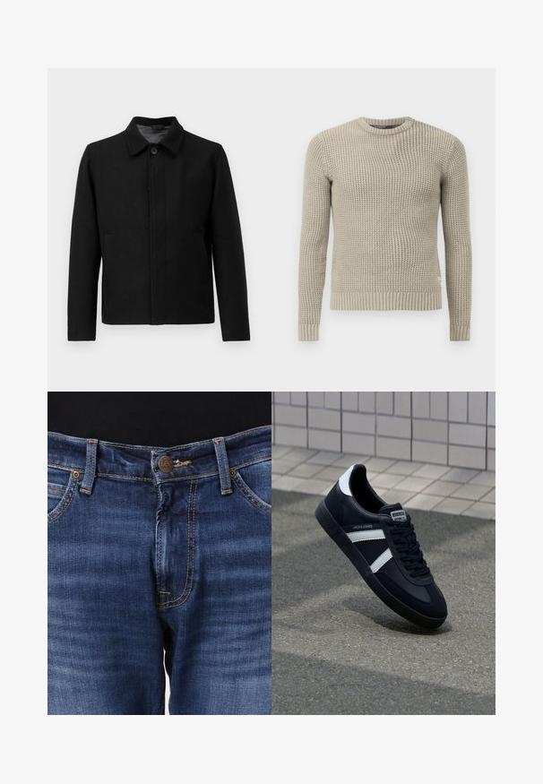Must mustaga klappide ja struktureeritud kraega, kahe küljetaskuga ja tekstureeritud kangaga. Lihtne, sirge lõikega disain.; Beige kootud sviiter pikkade varrukatega, soonikuga mansetid ja alläär, ümar kaelus, tekstuuriga muster, valmistatud pehmest materjalist.; Sinise denim püksid sirge lõikega. Omavad nööpide kinnitust, kontrastset õmblust ja viit taskut. Brändi nimi "Lee" on nähtav nööbil.; Must have musta sneaker musta valgete triipudega, tekstuurne kummitald ja nööridega esiosa. Omab bränditud märki keele peal.