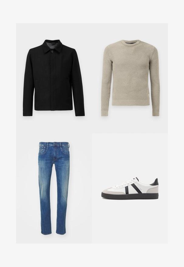 Fekete dzseki gombos záródással, strukturált gallérral, két oldalsó zsebbel és textúrált anyaggal. Egyszerű, egyenes vonalú dizájn.; Bézs kötött pulóver hosszú ujjal, bordás mandzsettával és hem, kerek nyakkal, texturált mintával, puha anyagból készült.; Kék farmernadrág, egyenes láb kialakítással, kopott hatással, öt zsebes stílussal és fém kiegészítőkkel a gombnál és a cipzárnál.; Fehér sneaker fekete és szürke részletekkel, textúrált szürke orr résszel, fekete gumitalppal és lapos fehér fűzőkkel. Tiszta dizájn, minimalista stílus.