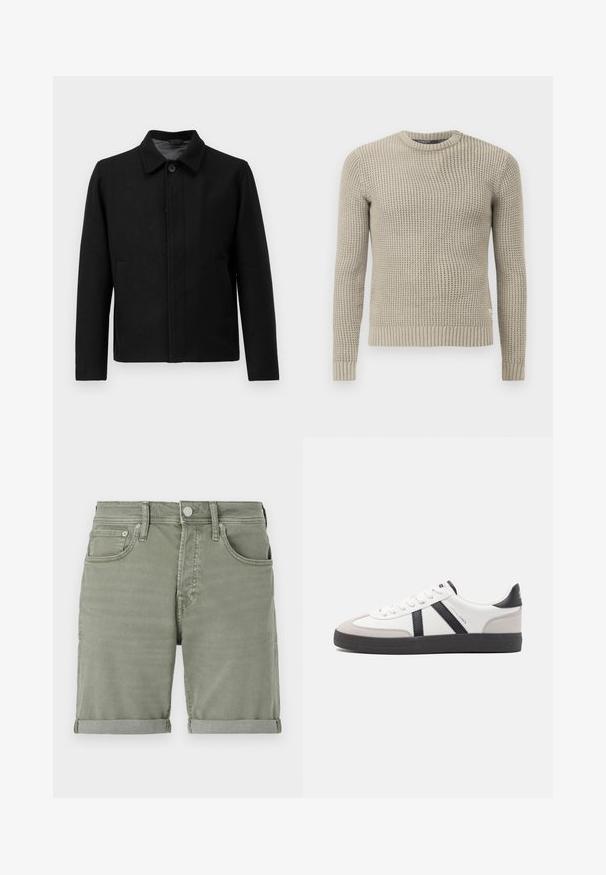 Fekete dzseki gombos záródással, strukturált gallérral, két oldalsó zsebbel és textúrált anyaggal. Egyszerű, egyenes vonalú dizájn.; Bézs kötött pulóver hosszú ujjal, bordás mandzsettával és hem, kerek nyakkal, texturált mintával, puha anyagból készült.; Zöld farmer sort, felgombolt szegéllyel, elülső zsebekkel, gombos záródással és enyhe kopással a laza megjelenésért.; Fehér sneaker fekete és szürke részletekkel, textúrált szürke orr résszel, fekete gumitalppal és lapos fehér fűzőkkel. Tiszta dizájn, minimalista stílus.