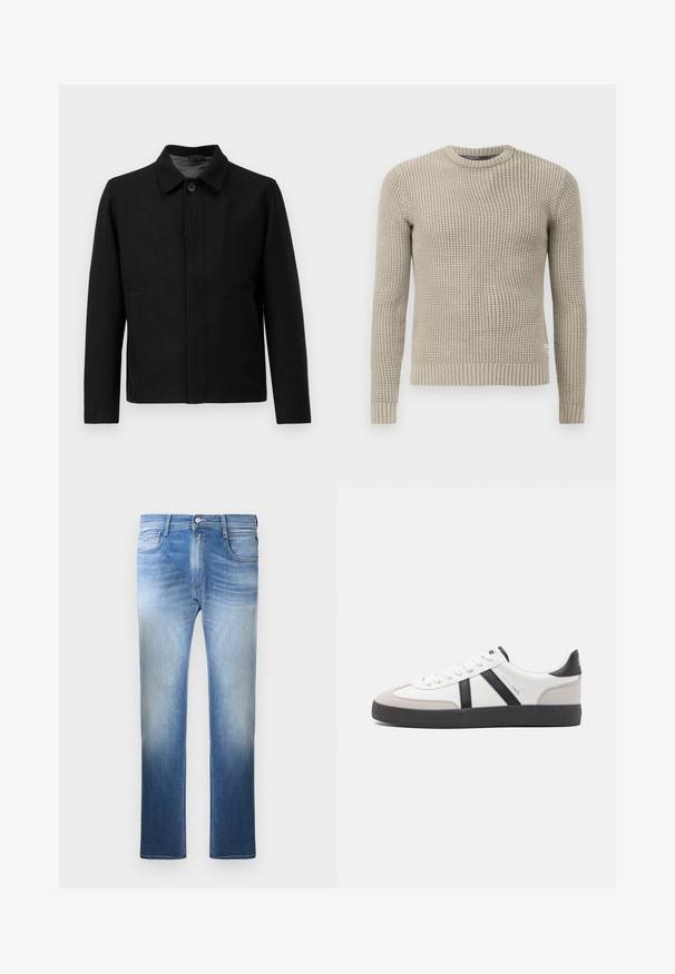 Črna jakna z gumbom, strukturiranim ovratnikom, dvema stranskima žepoma in teksturirano tkanino. Preprost, ravno krojen dizajn.; Bež pleteni pulover z dolgimi rokavi, rebrastim manšetnim in spodnjim robom, okroglim izrezom, teksturiranim vzorcem, izdelan iz mehkega materiala.; Svijetloplave traperice s izblijedjelim izdanjem, ravnog kroja, pet džepova i ukrasnim šavovima oko struka i džepova.; Bela športna obutev z črnimi in sivo akcenti, z teksturirano sivo kapico za prste, črnim gumijastim podplatom in ravnimi belimi vezalkami. Čista zasnova, minimalistični slog.