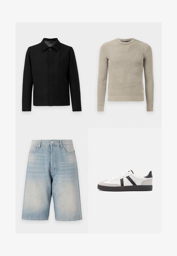 Juodas švarkas su mygtukų uždarymu, struktūrizuotu apykakle, dviem šoninėmis kišenėmis ir tekstūruota medžiaga. Paprastas, tiesus kirpimas.; Šviesiai rudas megztinis su ilgomis rankovėmis, įpjautais manžetais ir apačia, apvaliu kaklu, tekstūruotu raštu, pagamintas iš minkštos medžiagos.; Šviesiai mėlynos džinsinės šortai su laisvu įdėklu. turi sagos uždarymą, diržo kilpas ir dvi priekinės kišenes. Išblukusi tekstūra visame paviršiuje.; Balti sportbačiai su juodais ir pilkais akcentais, pasižymintys tekstūruotu pilku pirštų dangteliu, juoda gumine padais ir plokščiomis baltomis raišteliais. Švarus dizainas, minimalistinis stilius.