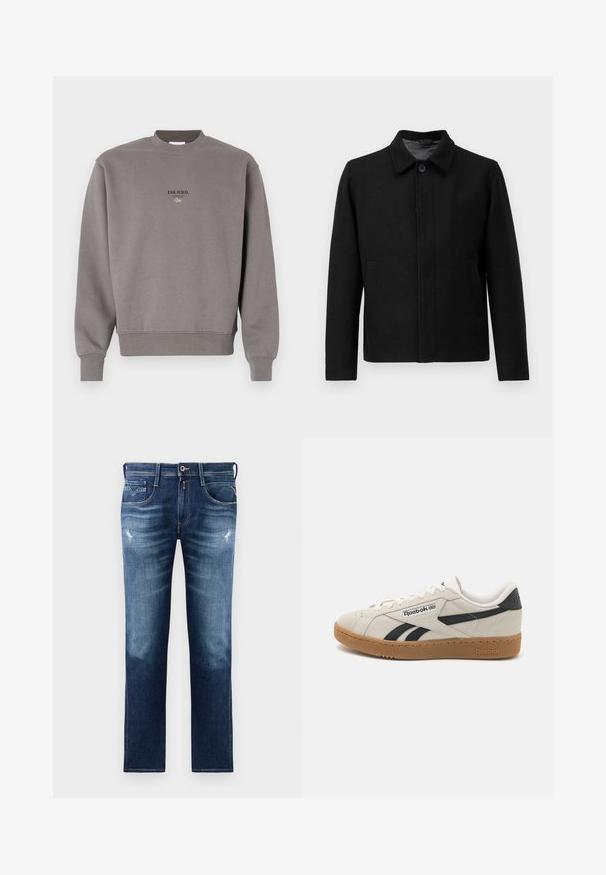 Must mustaga klappide ja struktureeritud kraega, kahe küljetaskuga ja tekstureeritud kangaga. Lihtne, sirge lõikega disain.; Halli puuvillane sviiter, millel on soonikkoes kaelus ja varrukaotsad, ees on tume kiri "ESS.WRD.".; Sinised denim püksid regulaarse lõikega, millel on pleekinud pesu, kerge kulumine, viis taskut ja kontrastõmblused. Nööbi kinnitamine vööl.; Reebok tossud beežist suede'ist mustade aktsentidega. Omab kummist tallat, traditsioonilist nöörimist ja pehmendatud krae mugavuse tagamiseks.