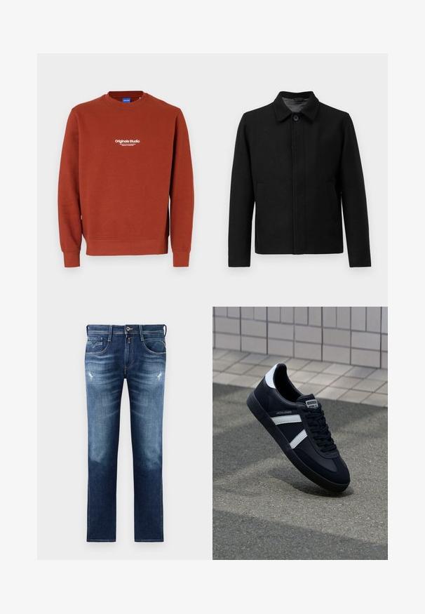 Crna jakna s zatvaranjem na gumb, strukturiranim ovratnikom, dva bočna džepa i teksturiranom tkaninom. Jednostavan, ravno rezan dizajn.; Pulpana boje hrđe izrađena od mekog materijala. Ima okrugli izrez i dugačke rukave. Na prednjoj strani se nalaze bijeli natpis "Originals Studio."; Plave traperice s regular fit krojem, s blijedom pranjom, blagim oštećenjima, pet džepova i kontrastnim šavovima. Dugme za zatvaranje u struku.; Crne kožne tenisice s bijelim prugama, strukturirana gumena potplate i vezanjem sprijeda. Ima oznaku brenda na jeziku.