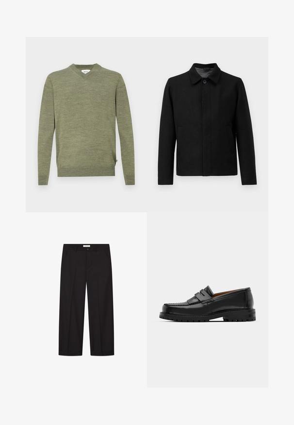 Must mustaga klappide ja struktureeritud kraega, kahe küljetaskuga ja tekstureeritud kangaga. Lihtne, sirge lõikega disain.; Oliivroheline pikkade varrukatega V-kaelusega kootud sviiter ribatud mansettide ja äärega, asetatuna tasasele valgele taustale.; Lame valge lühikeste varrukatega vabalt lõigatud T-särk, millel on helehall taust.; Mustad laiad püksid, mis on valmistatud siledast kangast. Omab nuppe ja tõmblukku, kahte eesmist taskut ja teravat äärestust.; Mustad mustad nahast kingad on varustatud tõstetud õmblusega, kahe dekoratiivse rihmaga peal, ja paksu tekstuuriga tallaga paremaks haardeks.