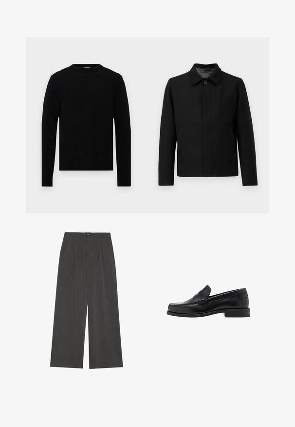 Czarna kurtka z zapięciem na guzik, usztywnionym kołnierzem, dwoma bocznymi kieszeniami i teksturowanym materiałem. Prosty, prosty krój.; Filippa K - Sweter; Płaska biała koszulka z krótkim rękawem o luźnym kroju położona na jasnoszarym tle.; Spodnie o szerokich nogawkach w ciemnoszarym kolorze, z plisowanym przodem, dwiema bocznymi kieszeniami i płaskim pasem. Gładka tekstura i dopasowany krój.; Czarne skórzane mokasyny o gładkim wykończeniu, ze stębnowaniem na nosie i niskim obcasem, zapewniającymi komfort i styl.