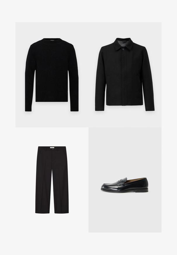 Juodas švarkas su mygtukų uždarymu, struktūrizuotu apykakle, dviem šoninėmis kišenėmis ir tekstūruota medžiaga. Paprastas, tiesus kirpimas.; Filippa K SWEATER - Džemperis - black; Balta, trumpomis rankovėmis, laisva T marškiniai, išskleisti ant šviesiai pilko fono.; Juodi plačios kelnės, pagamintos iš lygaus audinio. Įrengtas sagtys ir užtrauktukas, dvi priekinės kišenės ir aštrus kraštas.; Juoda odinė loaferių pora su lygaus paviršiaus, apvalia nosimi, dekoratyvine siūle ir maža metaline detale priekyje.