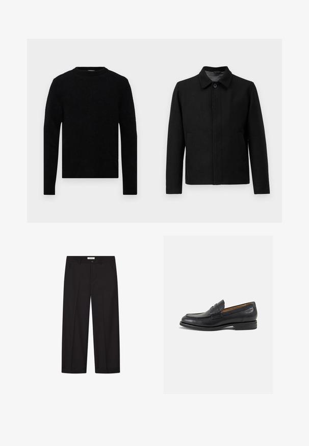 Juodas švarkas su mygtukų uždarymu, struktūrizuotu apykakle, dviem šoninėmis kišenėmis ir tekstūruota medžiaga. Paprastas, tiesus kirpimas.; Filippa K SWEATER - Džemperis - black; Balta, trumpomis rankovėmis, laisva T marškiniai, išskleisti ant šviesiai pilko fono.; Juodi plačios kelnės, pagamintos iš lygaus audinio. Įrengtas sagtys ir užtrauktukas, dvi priekinės kišenės ir aštrus kraštas.; Juodi odiniai loafersai su lygiu paviršiumi, apvaliu pirštu ir dekoratyvine siūlė viršuje. Žemas sustiprintas kulnas ir lengvas blizgesys.