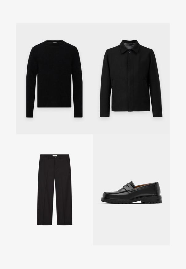 Czarna kurtka z zapięciem na guzik, usztywnionym kołnierzem, dwoma bocznymi kieszeniami i teksturowanym materiałem. Prosty, prosty krój.; Filippa K - Sweter; Płaska biała koszulka z krótkim rękawem o luźnym kroju położona na jasnoszarym tle.; Czarne szerokie spodnie wykonane z gładkiej tkaniny. Posiadają zapięcie na guzik i zamek, dwie przednie kieszenie oraz starannie wykończony dół.; Czarne skórzane mokasyny mają wyraźny szew, dwa dekoracyjne paski na górze oraz grubą, teksturowaną podeszwę dla lepszej przyczepności.
