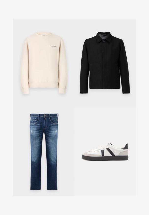 Black jacket with a button closure, structured collar, two side pockets, and textured fabric. Simple, straight-cut design.; Beige sweatshirt featuring a round neckline, long sleeves, ribbed cuffs, and "Club1990" embroidered on the front in a dark color.; Blue denim jeans with a regular fit, featuring a faded wash, slight distressing, five pockets, and contrast stitching. Button closure at waist.; White sneaker with black and gray accents, featuring a textured gray toe cap, black rubber sole, and flat white laces. Clean design, minimalist style.
