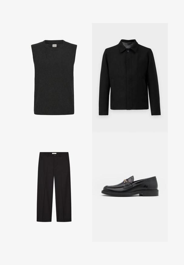 Veste noire avec une fermeture à boutons, col structuré, deux poches latérales et tissu texturé. Design simple et droit.; Pull en tricot sans manches gris foncé, avec un col rond et une texture douce. Design simple sans motifs ou accents visibles.; Pantalons larges noirs en tissu lisse. Comprend une fermeture avec bouton et zip, deux poches avant et une finition ourlée nette.; Mocassins en cuir noir avec un embout rond, présentant des accents en métal doré et des détails de couture, montés sur une semelle en caoutchouc texturé et basse.