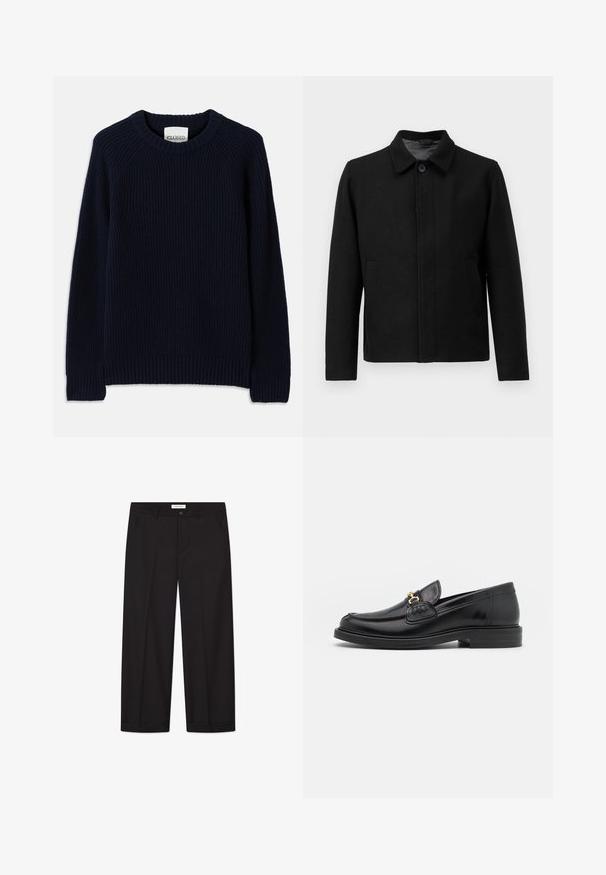 Fekete dzseki gombos záródással, strukturált gallérral, két oldalsó zsebbel és textúrált anyaggal. Egyszerű, egyenes vonalú dizájn.; Sötétkék bordázott kötött pulóver kerek nyakkivágással és hosszú ujjakkal. Egyenes alsó hemje van, és textúrázott mintázat jellemzi.; Fekete, bő lábú nadrág sima anyagból. Gombbal és cipzárral záródik, két elülső zsebbel és éles szegéllyel rendelkezik.; Fekete bőr loaferek, lekerekített orral, aranyszínű fémrész és varrási részletek díszítik, alacsony, strukturált gumitalpon.