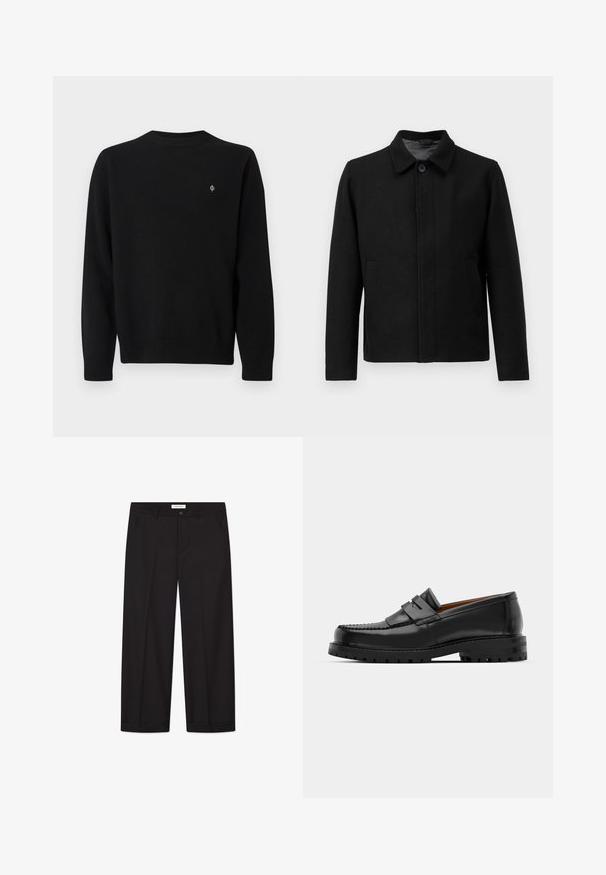 Melnā jaka ar pogu aizdari, strukturētu apkakli, divām sānu kabatām un teksturētu audumu. Vienkāršs, taisni griezuma dizains.; Melns adīts džemperis ar garām piedurknēm, apaļu kaklu un ribotām aprocēm. Uz krūtīm neliels logos kontrastējošā krāsā.; Melnas platās bikses, izgatavotas no gludas auduma. Ar pogu un rāvējslēdzēju, divām priekšējām kabatām un asu malu apdari.; Melni ādas loafers cepumi izceļas ar paceltu šuvu, divām dekoratīvām siksnām augšpusē un biezu teksturētu zoli labākai saķerei.