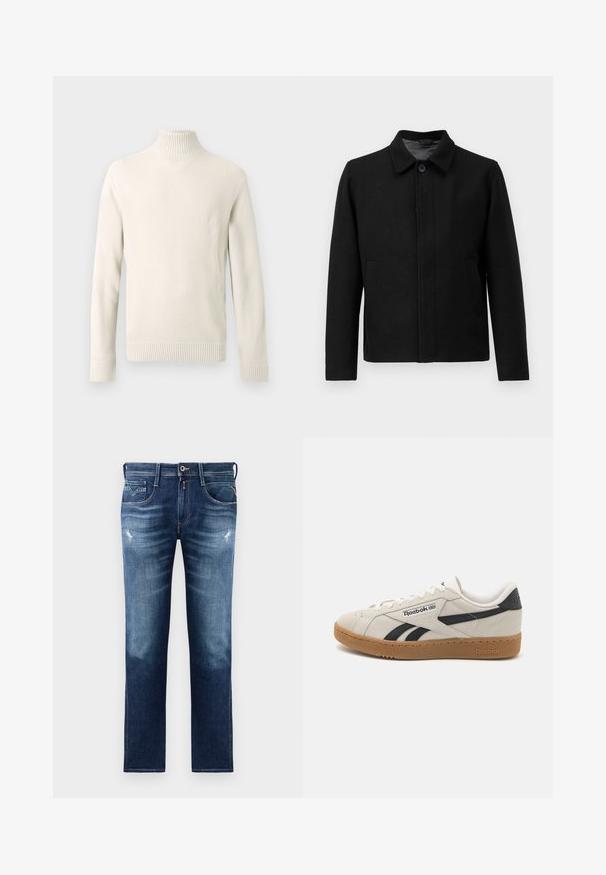 Must mustaga klappide ja struktureeritud kraega, kahe küljetaskuga ja tekstureeritud kangaga. Lihtne, sirge lõikega disain.; Kreemjas värvitoonis kudum turtleneck villane sviiter, millel on pikad varrukad ja soonik lõpetused, esitatud valgel taustal.; Sinised denim püksid regulaarse lõikega, millel on pleekinud pesu, kerge kulumine, viis taskut ja kontrastõmblused. Nööbi kinnitamine vööl.; Reebok tossud beežist suede'ist mustade aktsentidega. Omab kummist tallat, traditsioonilist nöörimist ja pehmendatud krae mugavuse tagamiseks.