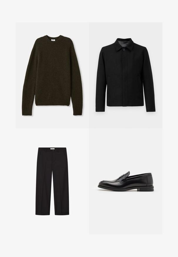 Veste noire avec une fermeture à boutons, col structuré, deux poches latérales et tissu texturé. Design simple et droit.; Pull en maille vert foncé avec un col rond, des manches longues et des bords côtelés. Fabriqué en tissu doux en mélange de laine texturée.; Pantalons larges noirs en tissu lisse. Comprend une fermeture avec bouton et zip, deux poches avant et une finition ourlée nette.; Mocassins en cuir noir avec une texture lisse, bout rond et une sangle décorative sur le dessus. Talon bas empilé, design minimaliste.