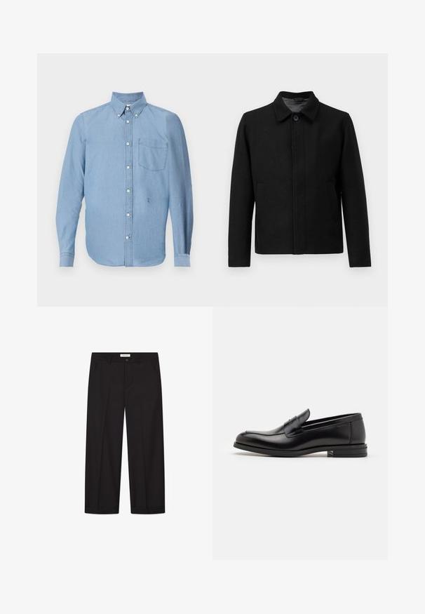 Juodas švarkas su mygtukų uždarymu, struktūrizuotu apykakle, dviem šoninėmis kišenėmis ir tekstūruota medžiaga. Paprastas, tiesus kirpimas.; Šviesiai mėlyna marškinėlių su mygtukais versija, pagaminti iš džinsinio audinio. Turi kairėje krūtinės pusėje kišenę, mygtukų užsegimą kaklo linijoje ir ilgus rankovius.; Juodi plačios kelnės, pagamintos iš lygaus audinio. Įrengtas sagtys ir užtrauktukas, dvi priekinės kišenės ir aštrus kraštas.; Juodos odinės loafers, turinčios lygų paviršių, apvalią noselę ir dekoratyvinę juostą per priekinę dalį. Žemas krentantis kulnas, minimalistinis dizainas.