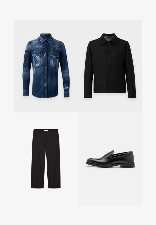 Giacca nera con chiusura a bottone, colletto strutturato, due tasche laterali e tessuto testurizzato. Design semplice e dritto.; Camicia in denim blu scuro a maniche lunghe con chiusura a bottoni, due tasche a soffietto sul petto e dettagli vissuti, con toppe nere sulla manica sinistra.; Pantaloni larghi neri realizzati in tessuto liscio. Presentano una chiusura con bottone e zip, due tasche frontali e un orlo ben definito.; Mocassini neri in pelle con una texture liscia, punta arrotondata e una striscia decorativa sulla tomaia. Tacco basso impilato, design minimalista.