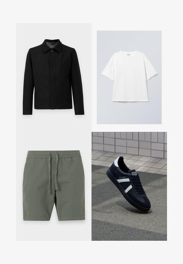 Melnā jaka ar pogu aizdari, strukturētu apkakli, divām sānu kabatām un teksturētu audumu. Vienkāršs, taisni griezuma dizains.; Balts kokvilnas T-krekls ar apaļu kakla izgriezumu un īsām piedurknēm. Brīva piegriezuma ar neredzamām rakstām vai akcentiem. Gluda tekstūra.; Oluvi zaļi šorti, izgatavoti no teksturēta auduma, ar elastīgu jostasvietu un regulējamiem saiknēm, piedāvājot brīvu piegriezumu.; Melnā ādas sporta apavi ar baltām svītrām, teksturēta gumijas zole un auklu aizdare. Iekļauj zīmola etiķeti uz mēles.