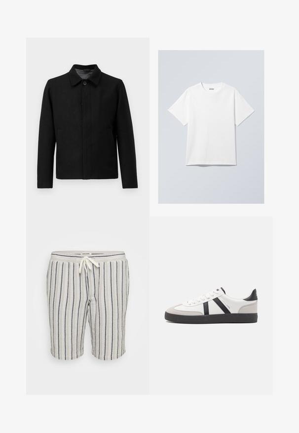 Melnā jaka ar pogu aizdari, strukturētu apkakli, divām sānu kabatām un teksturētu audumu. Vienkāršs, taisni griezuma dizains.; Balta kokvilnas T-kreklu ar apaļu kakla izgriezumu, īsām piedurknēm un brīvu griezumu. Uz kakla ir zīmola birka ar uzrakstu "WEEKDAY".; Lina maisījuma šorti ar vertikālām pelēkajām un krēmkrāsas svītrām, ar elastīgu jostu un pievilkšanas saiti, kas ir virs ceļiem.; Baltas sneakeris ar melniem un pelēkiem akcentiem, kuram ir teksturēts pelēks purngals, melna gumijas zole un plakanas baltas šņores. Tīrs dizains, minimālisma stils.
