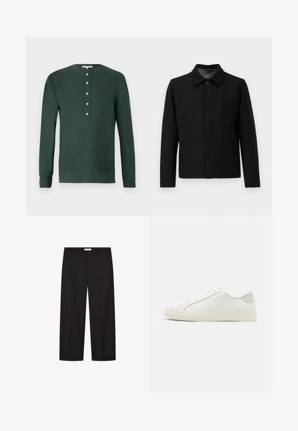 Black jacket with a button closure, structured collar, two side pockets, and textured fabric. Simple, straight-cut design.; Dark green long-sleeve henley shirt made of cotton, featuring a crew neckline, five white buttons, and ribbed cuffs. Smooth texture.; Black wide-leg trousers made of smooth fabric. Features a button and zipper closure, two front pockets, and a crisp hem finish.; White leather sneaker with a smooth surface, round toe, and minimalistic design. Features beige accents on the heel and a rubber sole.