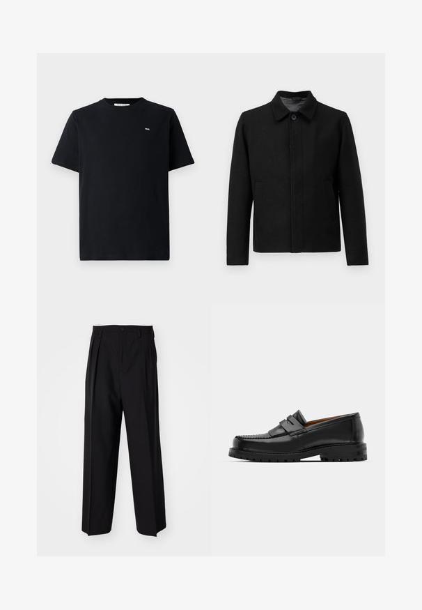 Černá bunda s knoflíkovým zapínáním, strukturovaným límcem, dvěma bočními kapsami a texturovanou tkaninou. Jednoduchý, rovný střih.; Černé bavlněné tričko s kulatým výstřihem, krátkými rukávy a malým bílým logem na hrudi. Standardní střih s hladkou texturou.; Černé skládací kalhoty s rovnými, širokými nohavicemi. Vyrobené z hladké tkaniny, se zapínáním na knoflík a poutky na opasek.; Černé kožené mokasíny mají zvýšený šev, dvě dekorativní pásky na svršku a silnou strukturovanou podrážku pro lepší přilnavost.