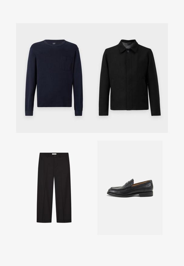Must mustaga klappide ja struktureeritud kraega, kahe küljetaskuga ja tekstureeritud kangaga. Lihtne, sirge lõikega disain.; Tumesinine pikkade varrukatega T-särk, mis on valmistatud puuvillast, ümarate väljalõigetega kaelas ja väikese rindade taskuga vasakul küljel. Sile tekstuur.; Mustad laiad püksid, mis on valmistatud siledast kangast. Omab nuppe ja tõmblukku, kahte eesmist taskut ja teravat äärestust.; Mustad mustad nahast loafers, sujuva viimistlusega, ümar sirge ja dekoratiivne tikand peal. Madal ja kergelt kuhjatud konts ning kerge läige.