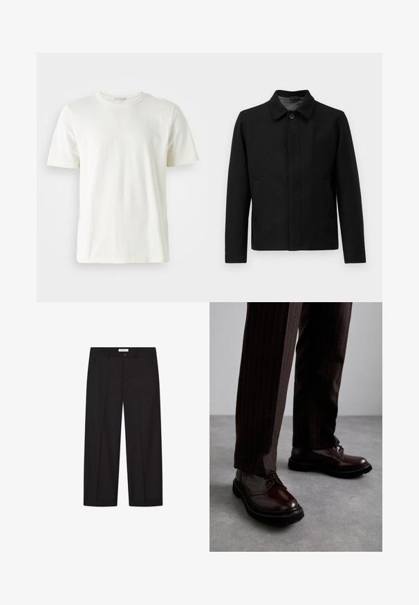 Must mustaga klappide ja struktureeritud kraega, kahe küljetaskuga ja tekstureeritud kangaga. Lihtne, sirge lõikega disain.; Hele kooreline puuvillane T-särk ümmarguse kaelusega ja lühikeste varrukatega. Sujuv tekstuur, lihtne disain ja mugav lõige. Ilma mustrite või aktsentideta.; Mustad laiad püksid, mis on valmistatud siledast kangast. Omab nuppe ja tõmblukku, kahte eesmist taskut ja teravat äärestust.; Pruun nahast nööbitavad kingad läikiva viimistlusega, musta kummist tallaga ja peene tikandiga. Kanda pinstriped pruunide pükstega.