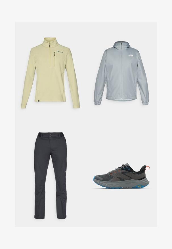 Világosszürke szélvédő dzseki kapucnival, rugalmas mandzsettákkal, elöl cipzárral és fehér logóval a bal mellkason. Simító, vízálló anyag.; Világos sárga bolyhos pulóver féllábú cipzárral, hosszú ujjakkal és egy kis mellzsebbel; zöld logóval és texturált anyaggal készült.; Berghaus RIDGE ROAMER - Szabadtéri nadrágok - black; Szürke sportcipők hálós és velúr anyagból, kék talp, narancs és kék részletek, valamint egy textúrált középtalp, ami a Vibram logóját viseli.