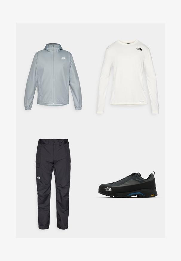 Ανοιχτό γκρίζο αντιανεμικό μπουφάν με κουκούλα, ελαστικούς καρπούς, μπροστινό φερμουάρ και λευκό λογότυπο στο αριστερό στήθος. Απαλή, ανθεκτική στο νερό ύλη.; Λευκό πουκάμισο με μακριά μανίκια και στρογγυλή λαιμόκοψη, υφή στο ύφασμα, μαύρο λογότυπο στον αριστερό ώμο και διακριτική επωνυμία στο κάτω μέρος.; Μαύρο αδιάβροχο cargo παντελόνι από ελαφρύ ύφασμα, με πλευρική τσέπη και λογότυπο στο αριστερό μηρό. Ρυθμιζόμενη μέση με υλικό.; The North Face VERTO ALPINE GORE TEX - Παπούτσια πεζοπορίας - asphalt grey/tnf black